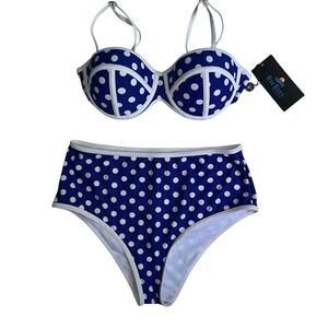 Ree Bees NEW Blue Polka Dot High Waist Bikini Set L Underwire 50s Pin-up Style